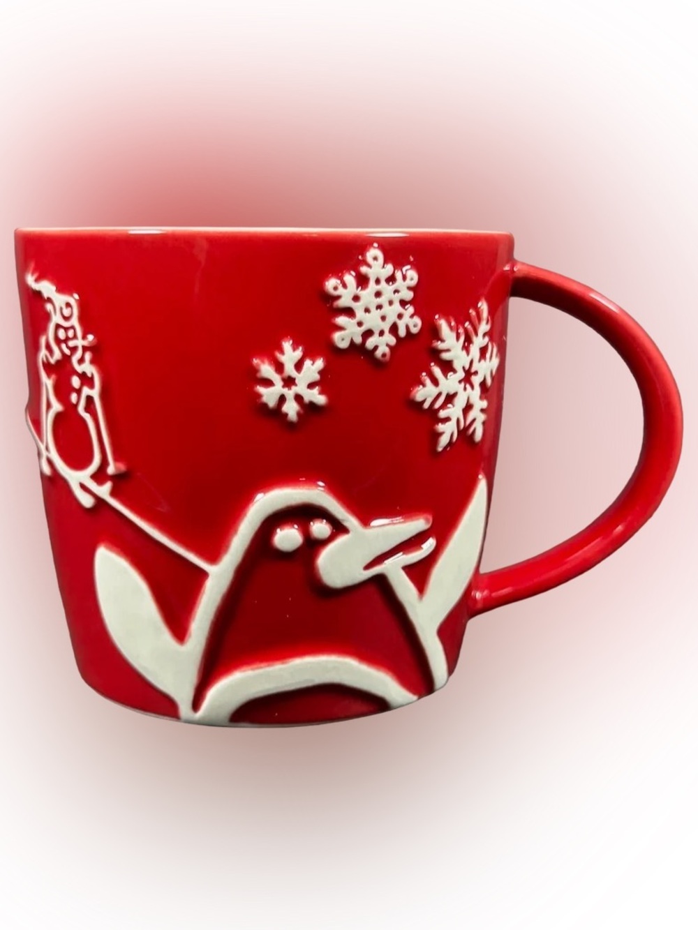 Starbucks Red White Embossed Penguin Holiday Coffee Tea Cocoa Mug